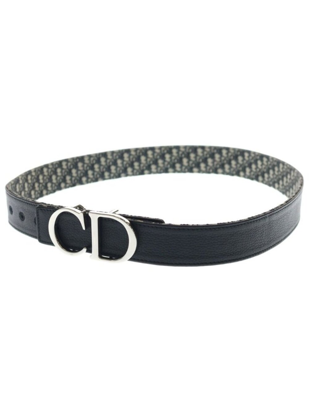 Dior CD Logo Buckle Belt Oblique Black Pattern Navy Canvas Leather Silver - Picture 5 of 6